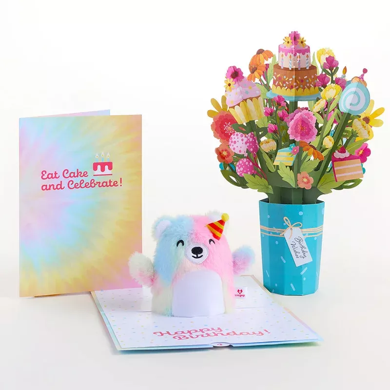 ‘Eat Cake and Celebrate’ Birthday Plushpop Card and Bouquet Bundle