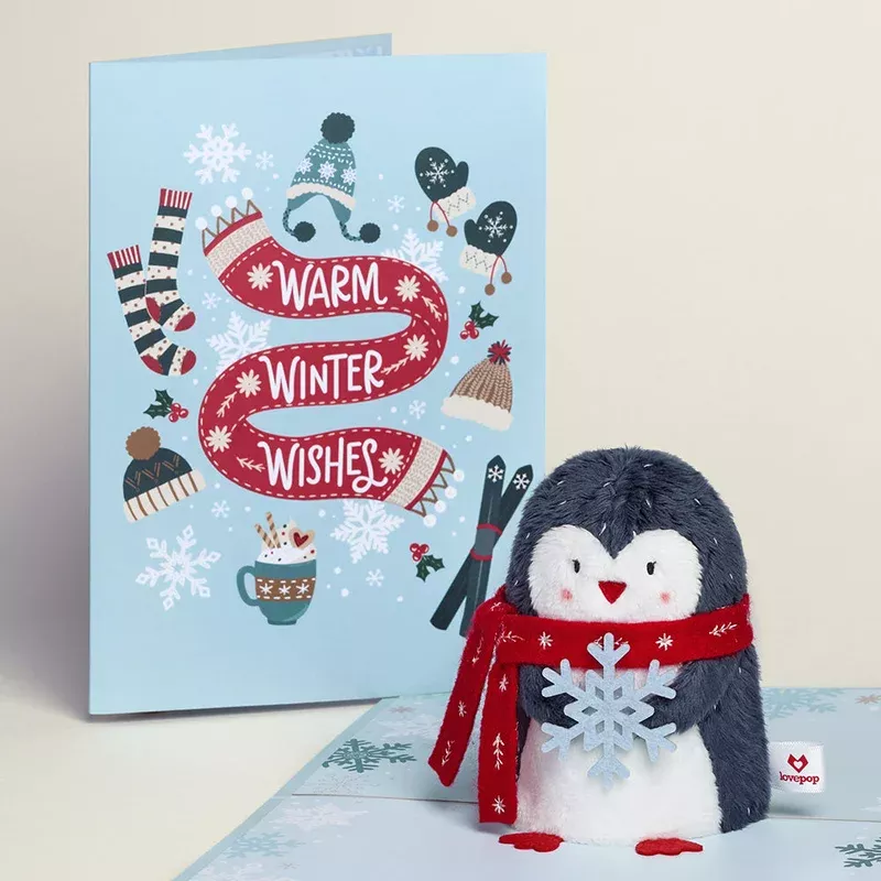 ‘Warm Winter Wishes’ Holiday Penguin Plushpop Card
