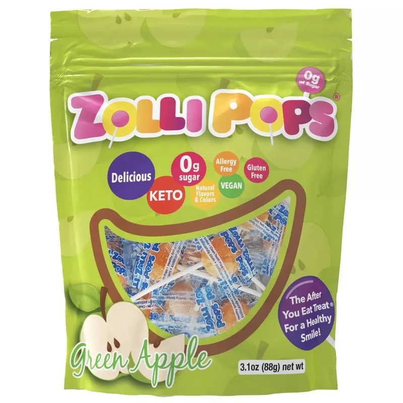 Zollipops Sugar Free Lollipops Green Apple 3.1oz Bag